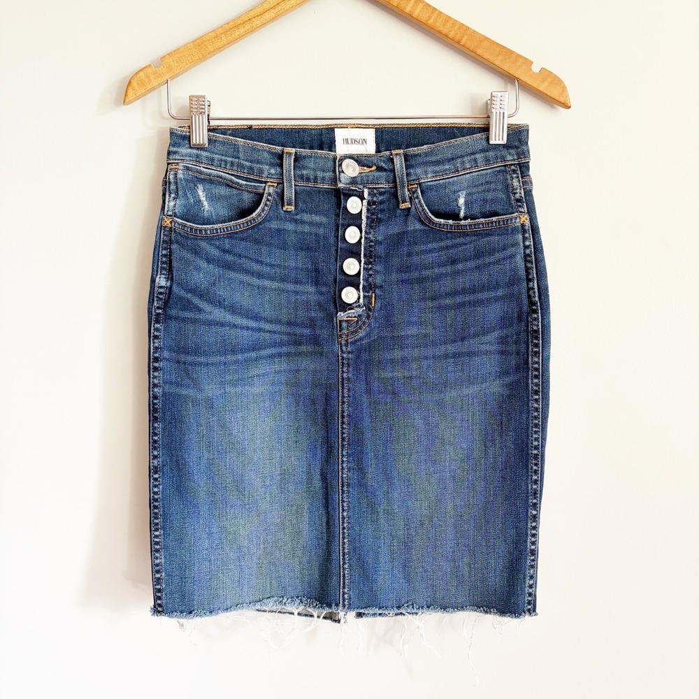 Hudson Denim Remi High Rise Pencil Skirt 27 Button Front Stretch Blue Raw Hem